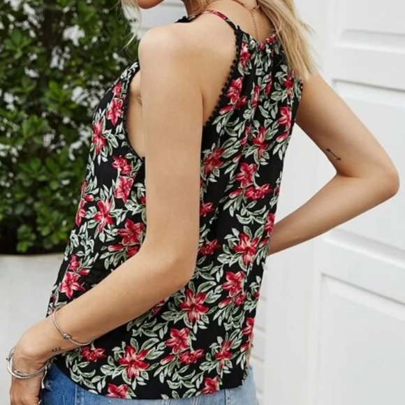 Red/Green Floral Print Halter Top in M, L - Picture 2 of 3